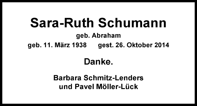  Traueranzeige für Sara-Ruth Schumann vom 29.10.2014 aus Nordwest-Zeitung