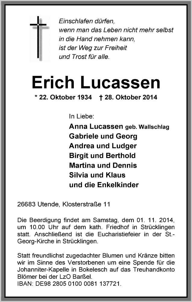  Traueranzeige für Erich Lucassen vom 29.10.2014 aus Nordwest-Zeitung