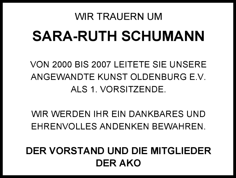  Traueranzeige für Sara-Ruth Schumann vom 30.10.2014 aus Nordwest-Zeitung