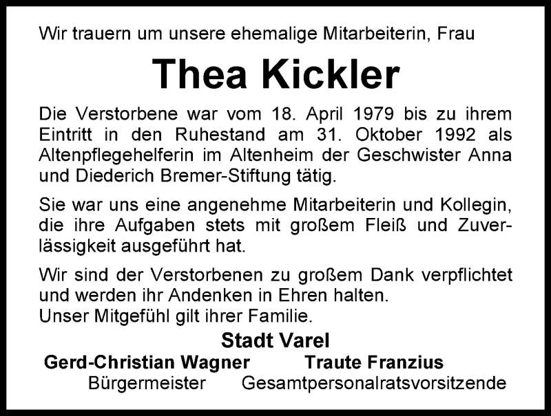  Traueranzeige für Thea Kickler vom 30.10.2014 aus Nordwest-Zeitung