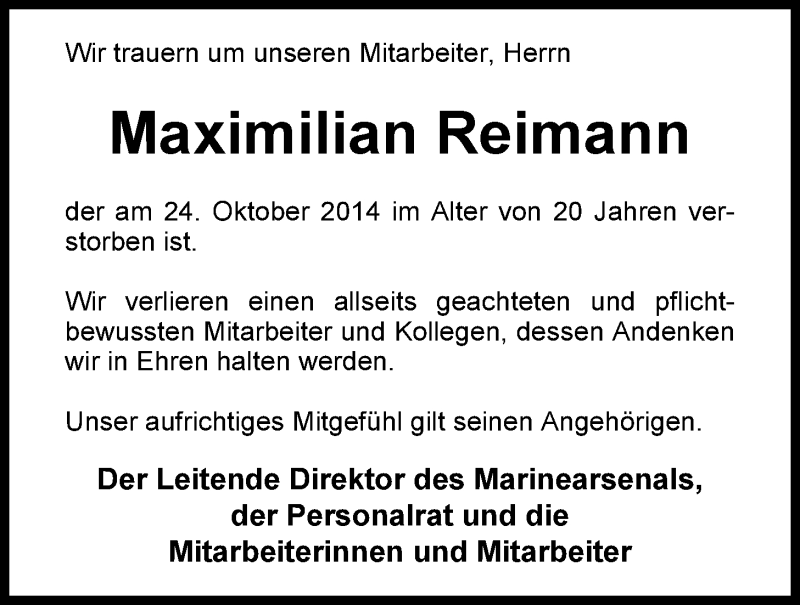  Traueranzeige für Maximilian Reimann vom 31.10.2014 aus Nordwest-Zeitung