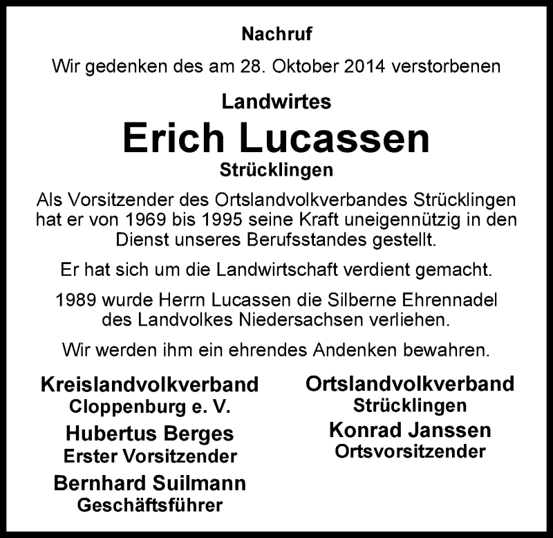  Traueranzeige für Erich Lucassen vom 30.10.2014 aus Nordwest-Zeitung