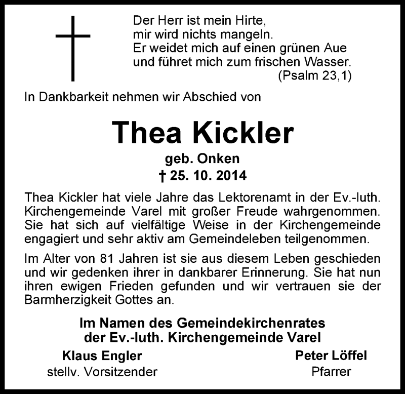  Traueranzeige für Thea Kickler vom 30.10.2014 aus Nordwest-Zeitung
