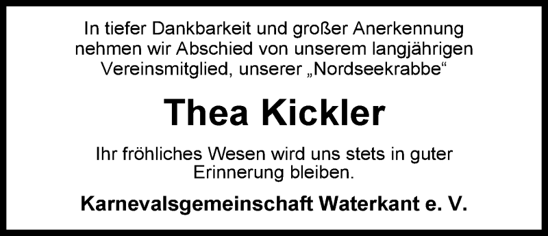  Traueranzeige für Thea Kickler vom 31.10.2014 aus Nordwest-Zeitung