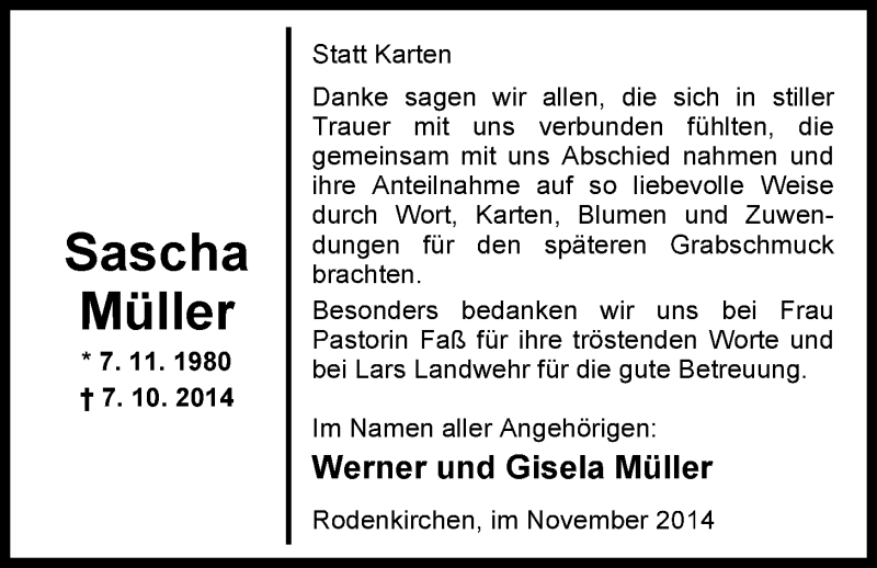  Traueranzeige für Sascha Müller vom 07.11.2014 aus Nordwest-Zeitung