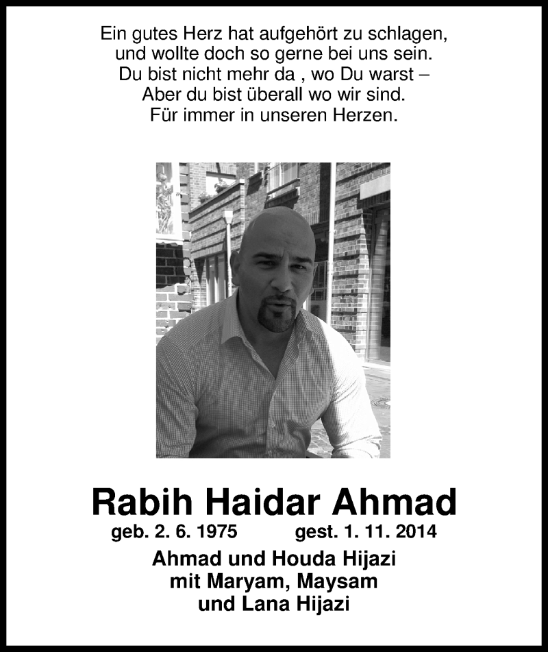  Traueranzeige für Rabih Haidar Ahmad vom 08.11.2014 aus Nordwest-Zeitung