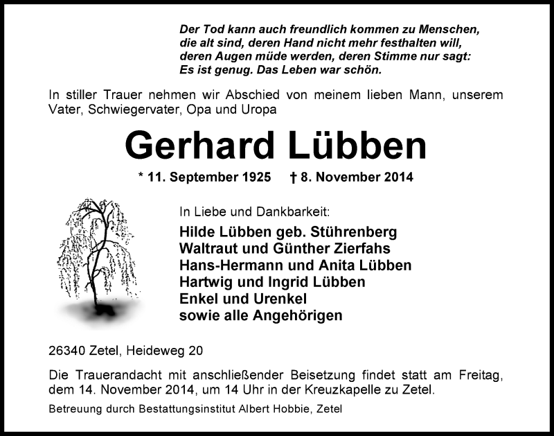  Traueranzeige für Gerhard Lübben vom 10.11.2014 aus Nordwest-Zeitung