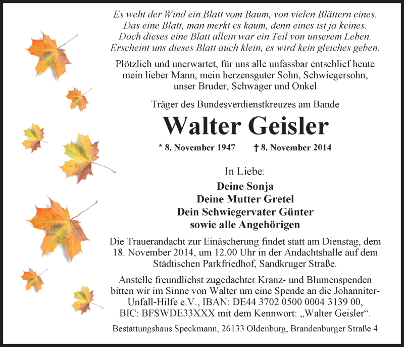  Traueranzeige für Walter Geisler vom 12.11.2014 aus Nordwest-Zeitung