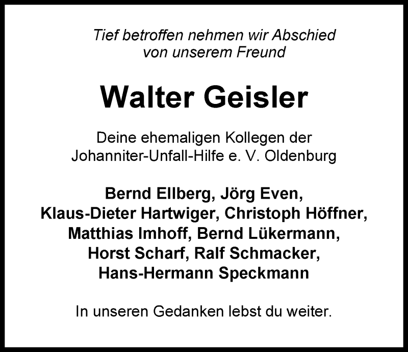  Traueranzeige für Walter Geisler vom 12.11.2014 aus Nordwest-Zeitung