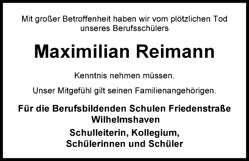  Traueranzeige für Maximilian Reimann vom 12.11.2014 aus Nordwest-Zeitung