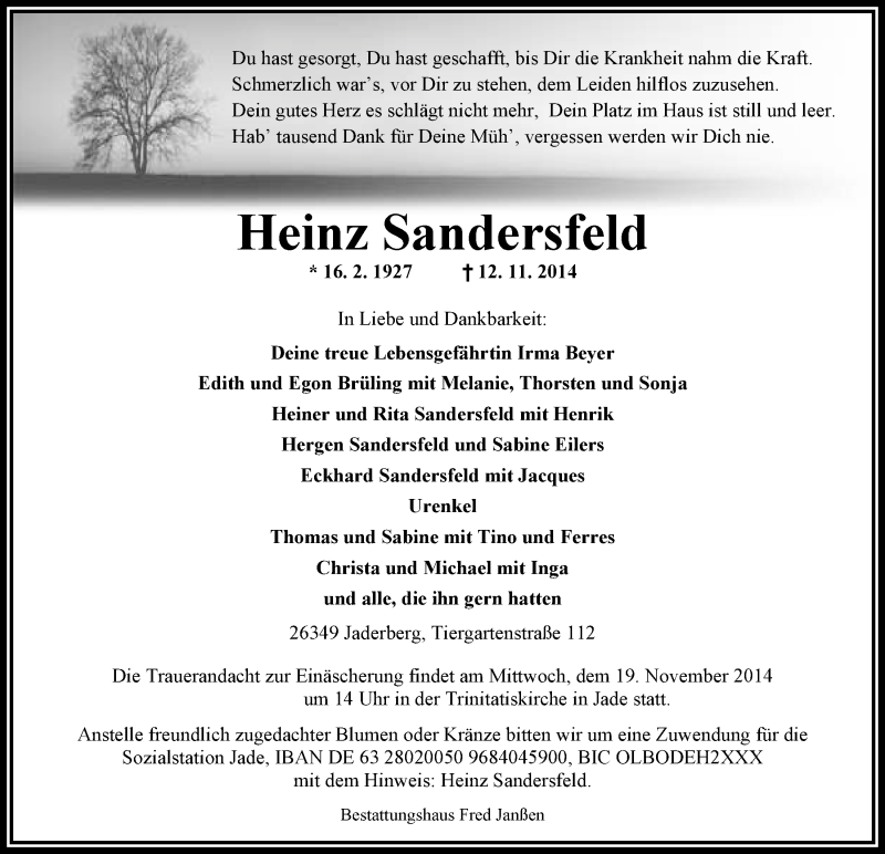  Traueranzeige für Heinz Sandersfeld vom 15.11.2014 aus Nordwest-Zeitung