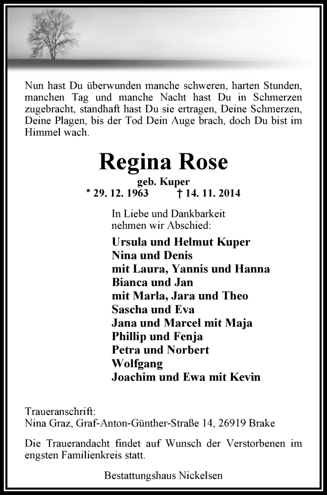  Traueranzeige für Regina Rose vom 18.11.2014 aus Nordwest-Zeitung