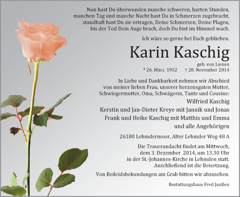  Traueranzeige für Karin Kaschig vom 01.12.2014 aus Nordwest-Zeitung