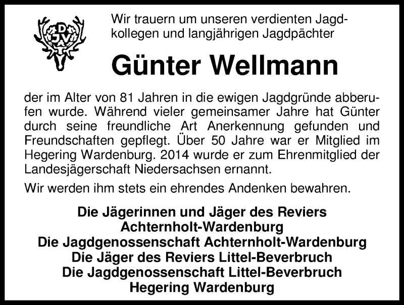  Traueranzeige für Günter Wellmann vom 02.11.2015 aus Nordwest-Zeitung