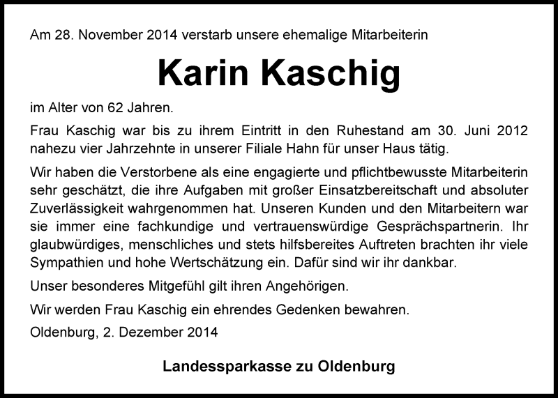  Traueranzeige für Karin Kaschig vom 02.12.2014 aus Nordwest-Zeitung