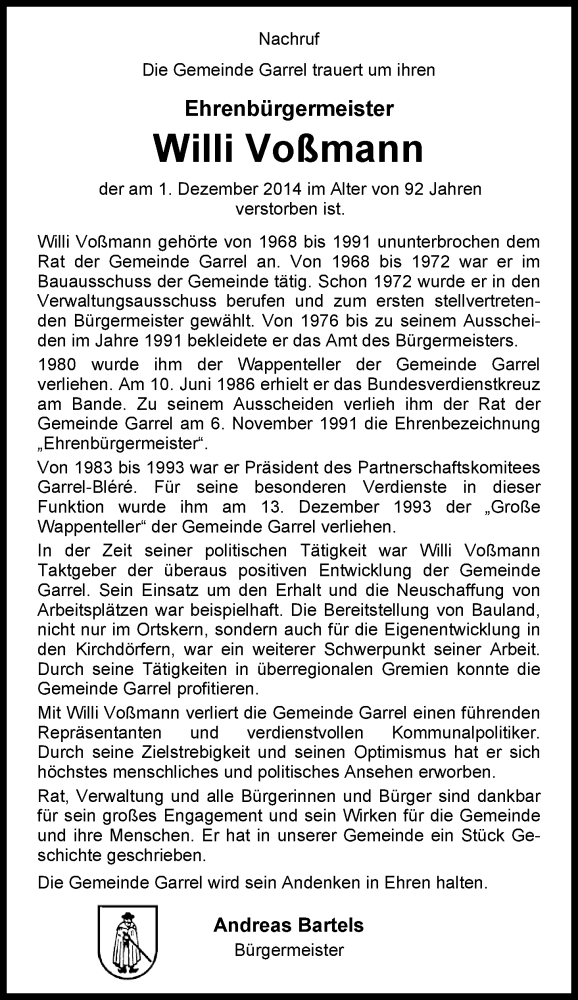  Traueranzeige für Willi Voßmann vom 04.12.2014 aus Nordwest-Zeitung
