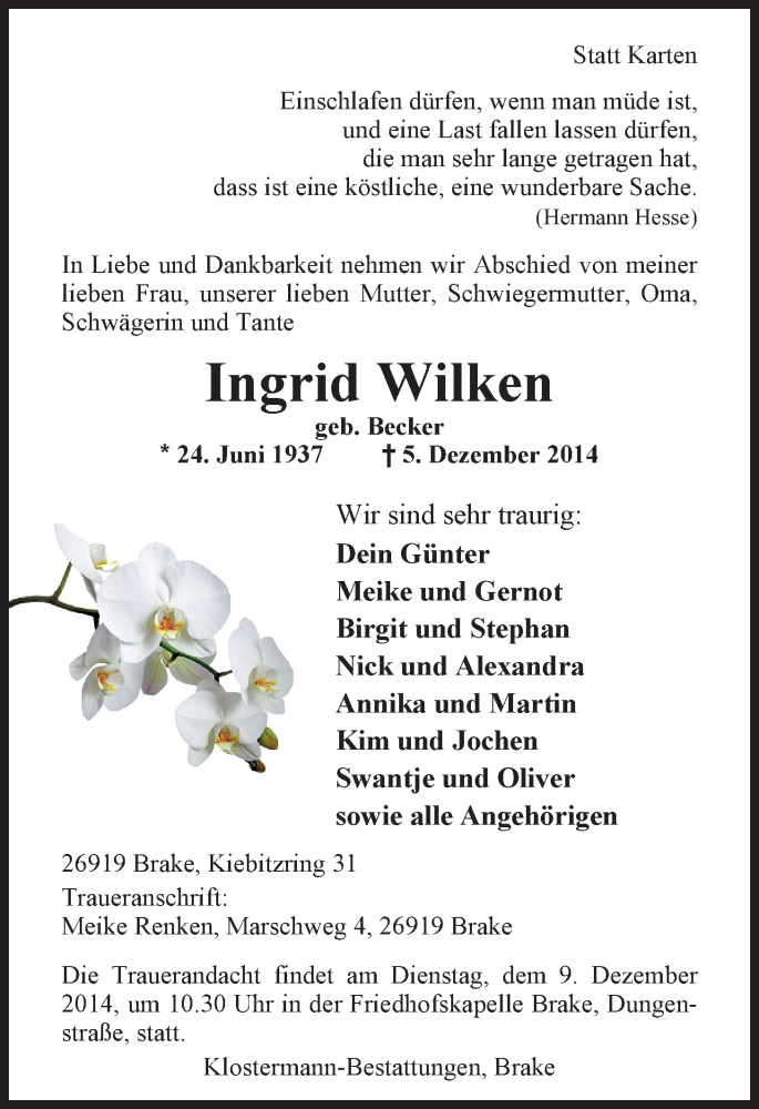  Traueranzeige für Ingrid Wilken vom 08.12.2014 aus Nordwest-Zeitung
