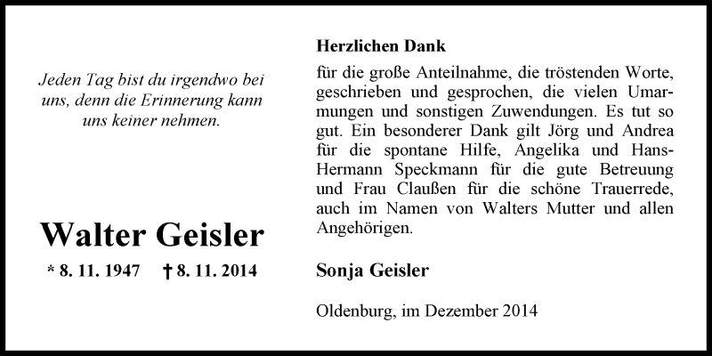  Traueranzeige für Walter Geisler vom 12.12.2014 aus Nordwest-Zeitung