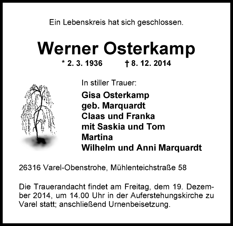 Traueranzeige für Werner Osterkamp vom 13.12.2014 aus Nordwest-Zeitung