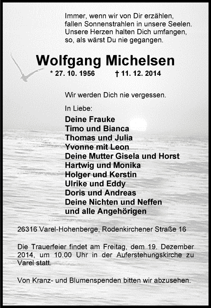  Traueranzeige für Wolfgang Michelsen vom 15.12.2014 aus Nordwest-Zeitung