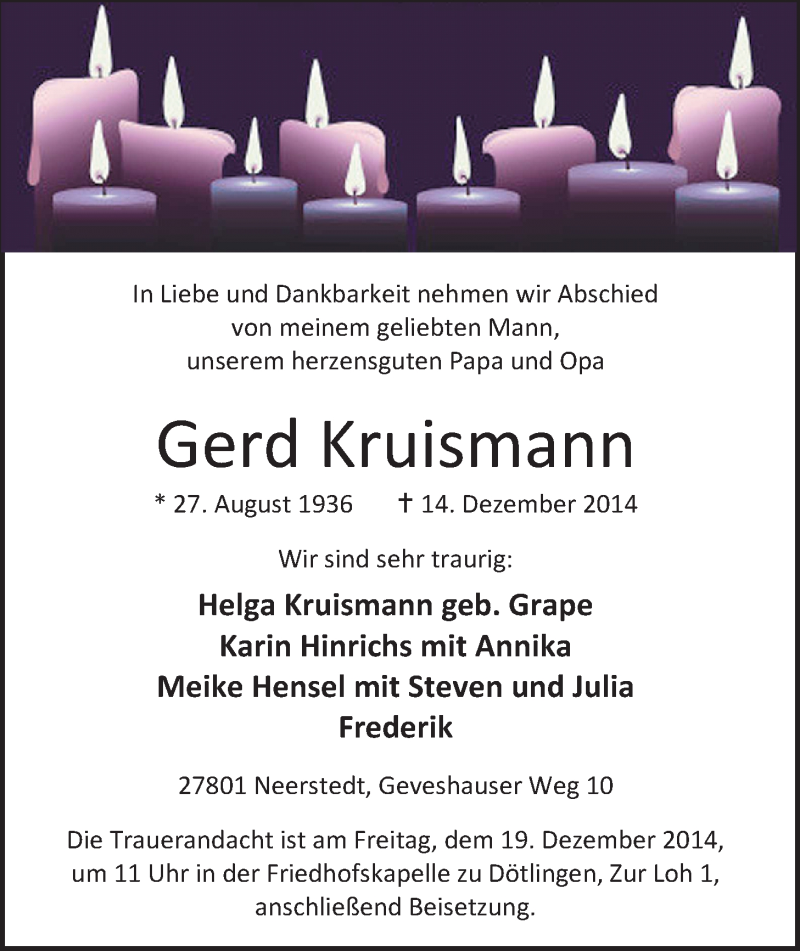  Traueranzeige für Gerd Kruismann vom 15.12.2014 aus Nordwest-Zeitung