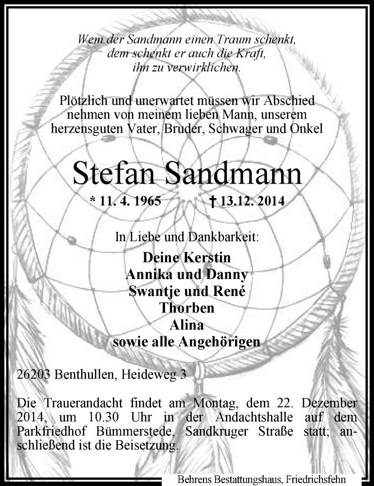  Traueranzeige für Stefan Sandmann vom 16.12.2014 aus Nordwest-Zeitung