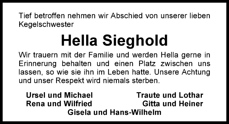  Traueranzeige für Hella Sieghold vom 16.12.2014 aus Nordwest-Zeitung