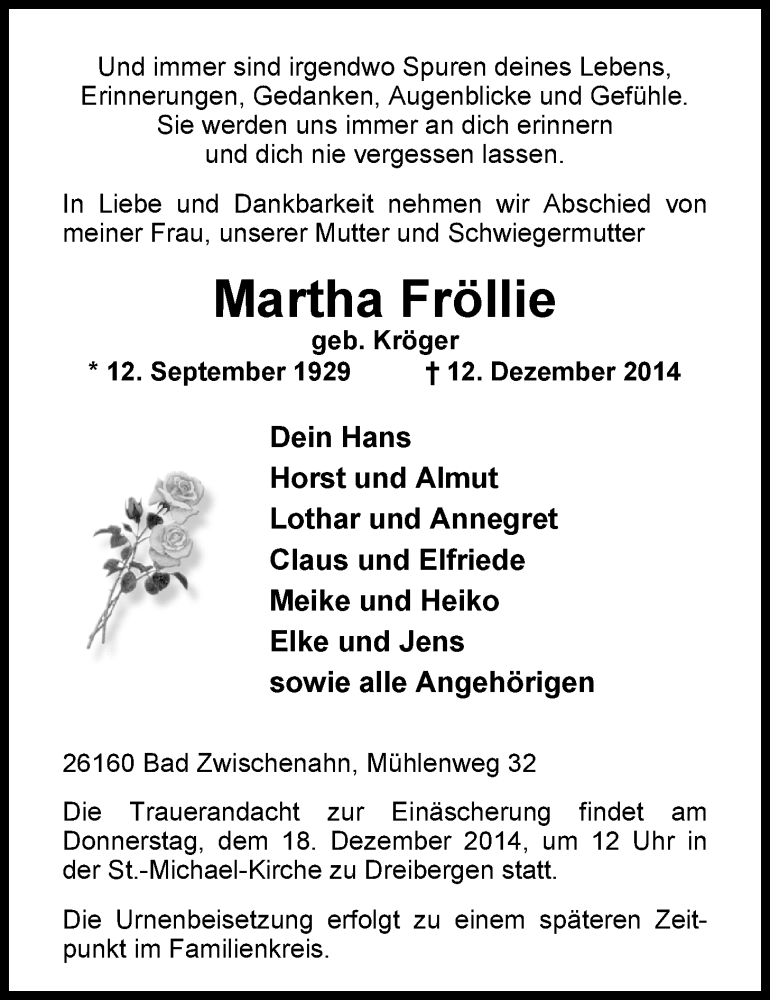  Traueranzeige für Martha Fröllie vom 17.12.2014 aus Nordwest-Zeitung