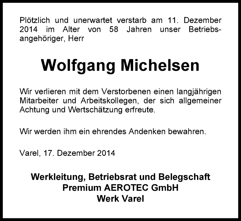  Traueranzeige für Wolfgang Michelsen vom 17.12.2014 aus Nordwest-Zeitung