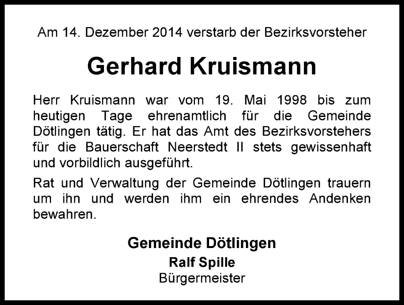  Traueranzeige für Gerd Kruismann vom 17.12.2014 aus Nordwest-Zeitung