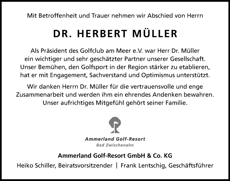  Traueranzeige für Dr. Herbert Müller vom 17.12.2014 aus Nordwest-Zeitung