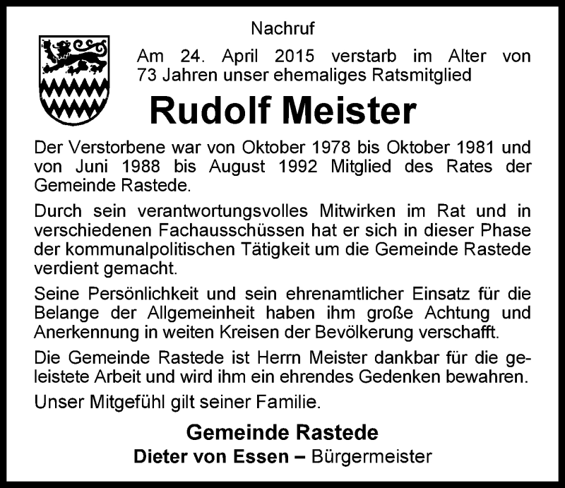  Traueranzeige für Rudolf Meister vom 02.05.2015 aus Nordwest-Zeitung
