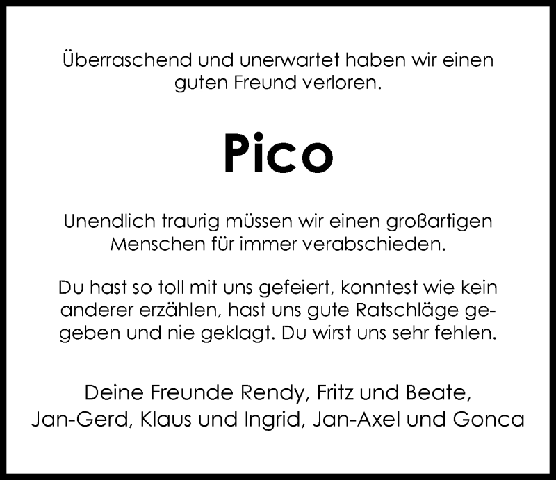  Traueranzeige für Heinz (Pico) Arndt vom 08.08.2015 aus Nordwest-Zeitung