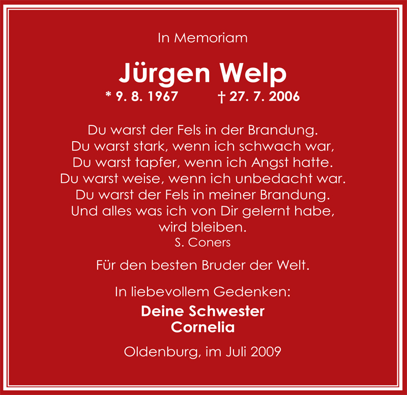  Traueranzeige für Jürgen Welp vom 27.07.2009 aus Nordwest-Zeitung