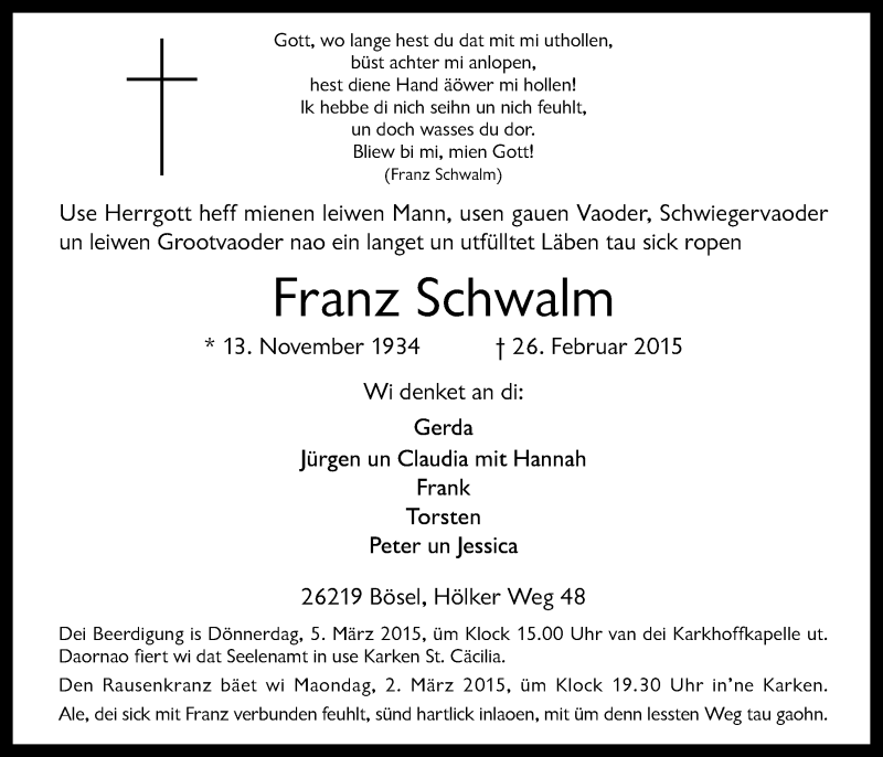  Traueranzeige für Franz Schwalm vom 02.03.2015 aus Nordwest-Zeitung
