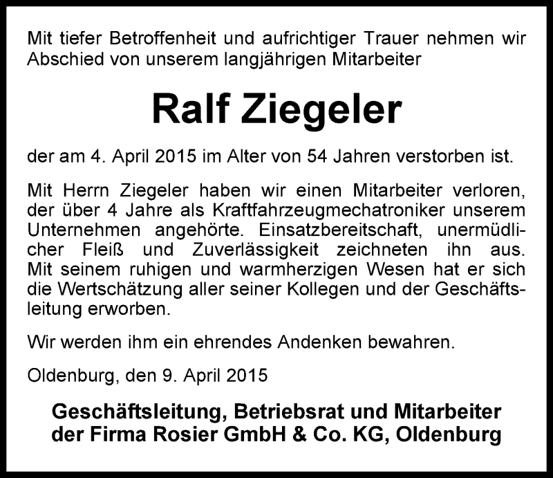  Traueranzeige für Ralf Ziegeler vom 09.04.2015 aus Nordwest-Zeitung