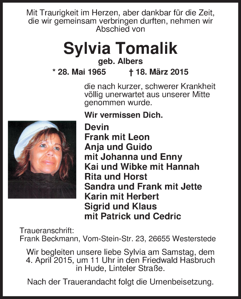 Traueranzeige für Sylvia Tomalik vom 21.03.2015 aus Nordwest-Zeitung