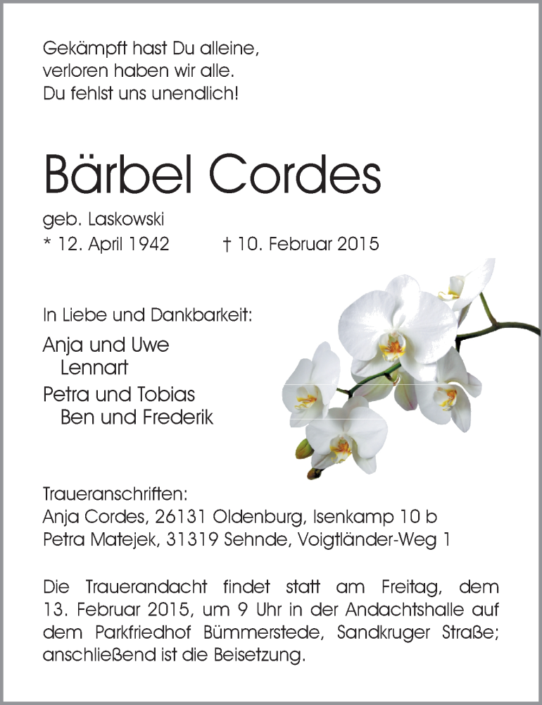  Traueranzeige für Bärbel Cordes vom 11.02.2015 aus Nordwest-Zeitung