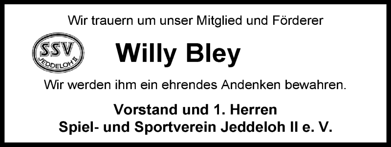  Traueranzeige für Willy Bley vom 01.09.2015 aus Nordwest-Zeitung