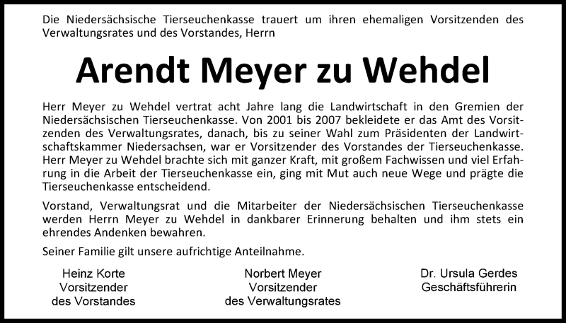  Traueranzeige für Johann Arendt Meyer zu Wehdel vom 28.01.2015 aus Nordwest-Zeitung