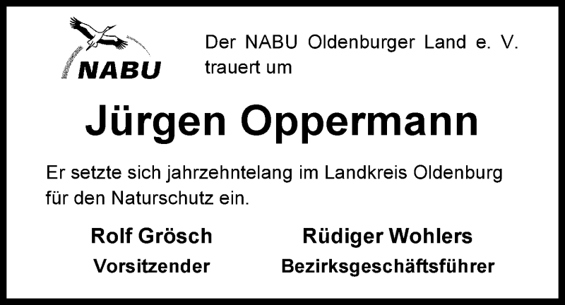  Traueranzeige für Jürgen Oppermann vom 31.01.2015 aus Nordwest-Zeitung
