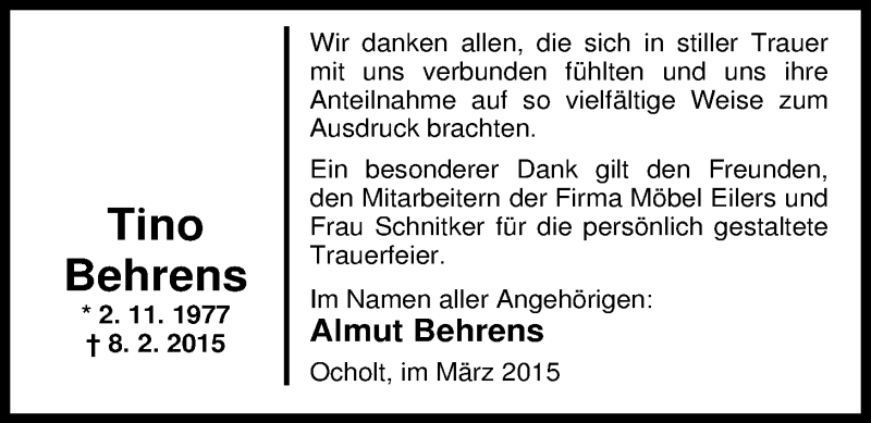  Traueranzeige für Tino Behrens vom 13.03.2015 aus Nordwest-Zeitung