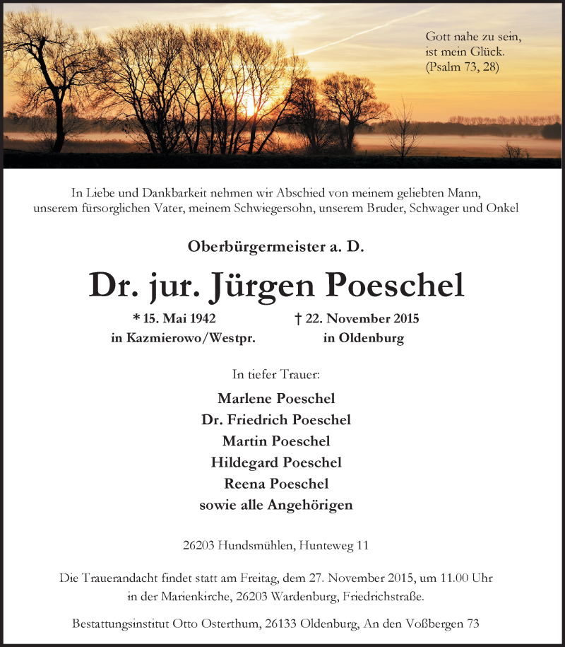 Traueranzeige für Dr. Jürgen Poeschel vom 24.11.2015 aus  Nordwest-Zeitung