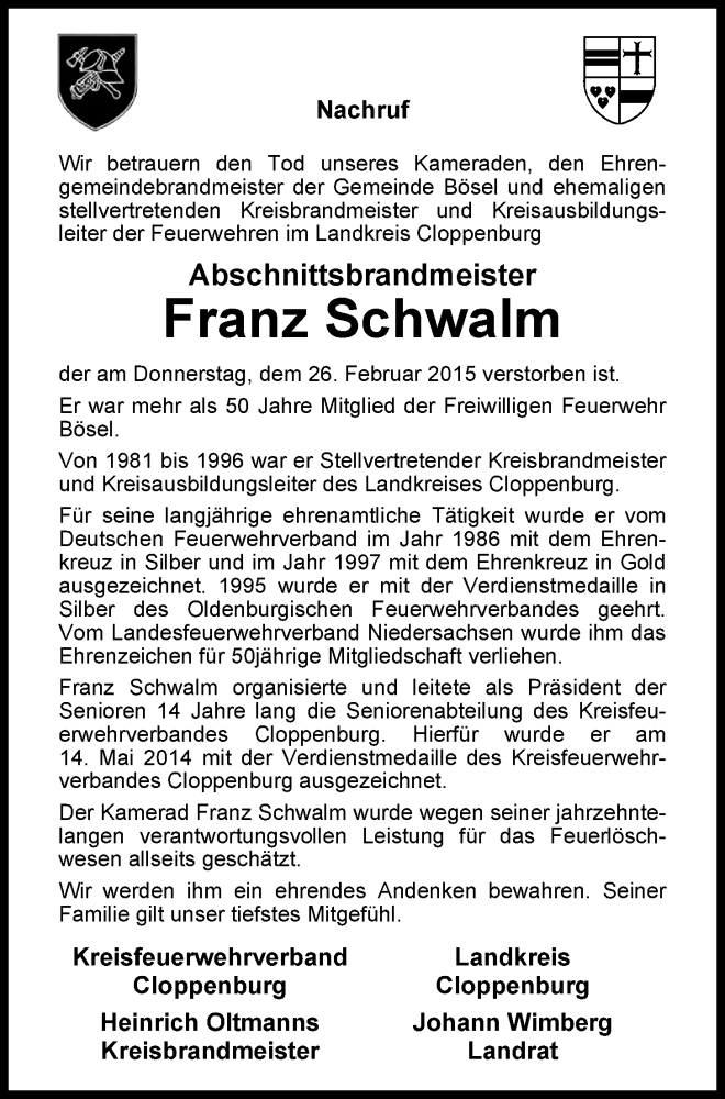  Traueranzeige für Franz Schwalm vom 03.03.2015 aus Nordwest-Zeitung