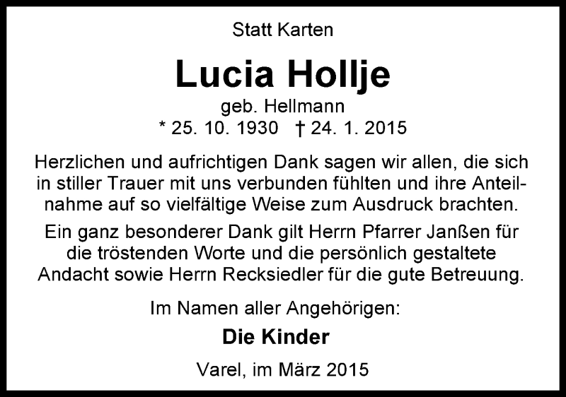 Traueranzeigen Von Lucia Hollje Nordwest Trauer De