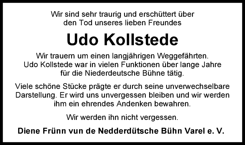  Traueranzeige für Udo Kollstede vom 28.03.2015 aus Nordwest-Zeitung