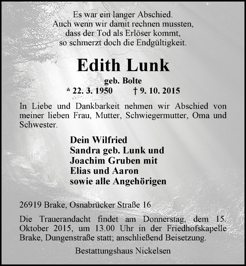  Traueranzeige für Edith Lunk vom 13.10.2015 aus Nordwest-Zeitung