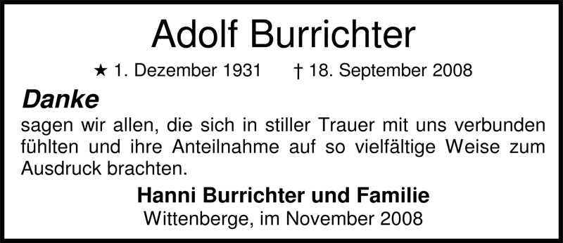  Traueranzeige für Adolf Burrichter vom 18.11.2008 aus Nordwest-Zeitung