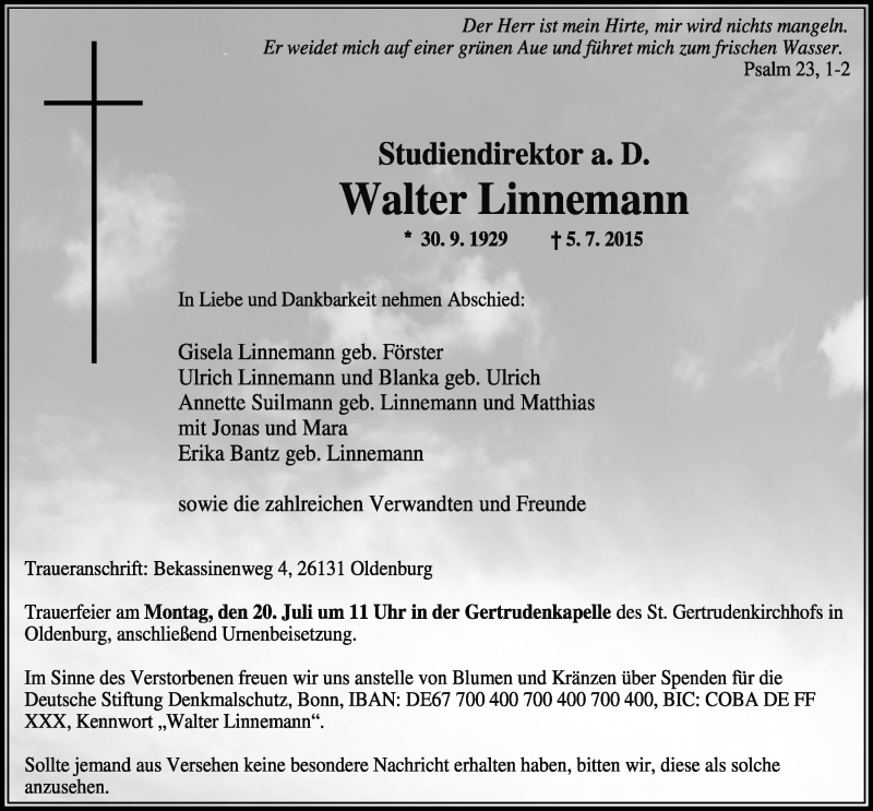  Traueranzeige für Walter Linnemann vom 11.07.2015 aus Nordwest-Zeitung