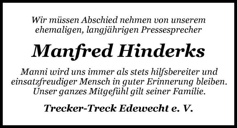  Traueranzeige für Manfred Hinderks vom 23.06.2015 aus Nordwest-Zeitung